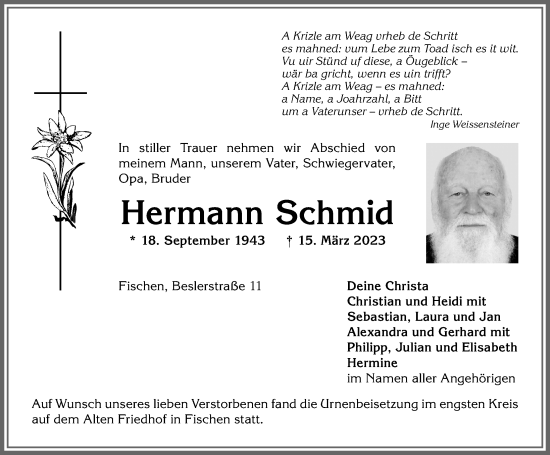 Traueranzeige von Hermann Schmid von Allgäuer Anzeigeblatt