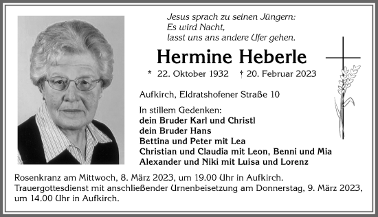 Traueranzeige von Hermine Heberle von Allgäuer Zeitung, Kaufbeuren/Buchloe