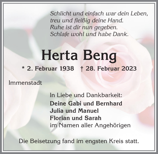 Traueranzeige von Herta Beng von Allgäuer Anzeigeblatt