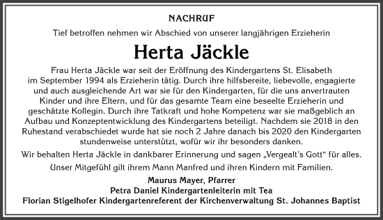 Traueranzeige von Herta Jäckle von Allgäuer Anzeigeblatt