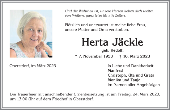 Traueranzeige von Herta Jäckle von Allgäuer Anzeigeblatt