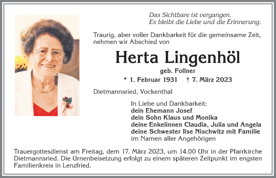 Traueranzeige von Herta Lingenhöl von Allgäuer Zeitung,Kempten