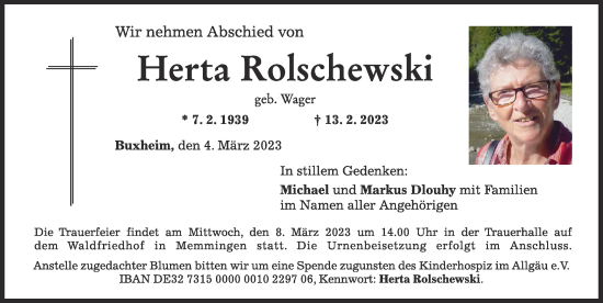 Traueranzeige von Herta Rolschewski von Memminger Zeitung