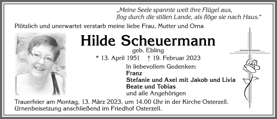 Traueranzeige von Hilde Scheuermann von Allgäuer Zeitung, Kaufbeuren/Buchloe
