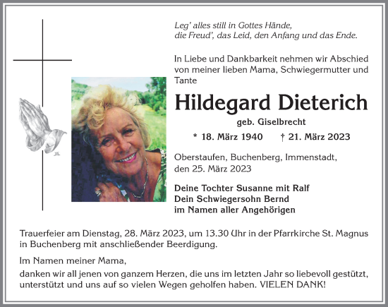 Traueranzeige von Hildegard Dieterich von Allgäuer Anzeigeblatt