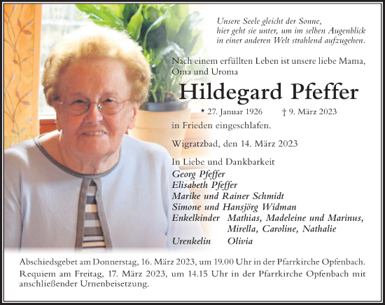 Traueranzeige von Hildegard Pfeffer von Der Westallgäuer