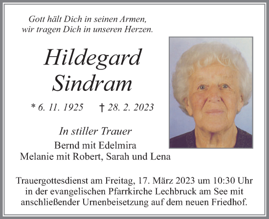 Traueranzeige von Hildegard Sindram von Allgäuer Zeitung, Füssen