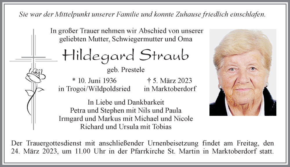  Traueranzeige für Hildegard Straub vom 11.03.2023 aus Allgäuer Zeitung,Kempten