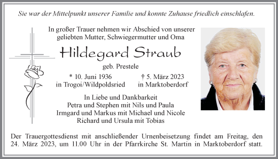 Traueranzeige von Hildegard Straub von Allgäuer Zeitung,Kempten