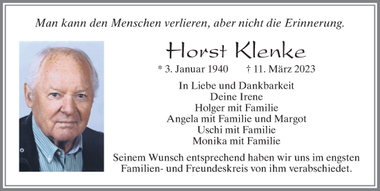 Traueranzeige von Horst Klenke von Allgäuer Zeitung, Füssen