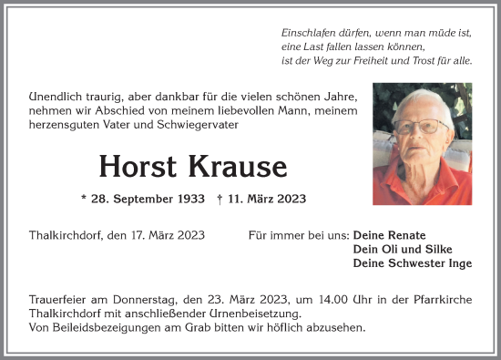 Traueranzeige von Horst Krause von Allgäuer Anzeigeblatt