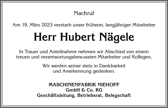 Traueranzeige von Hubert Nägele von Allgäuer Zeitung, Marktoberdorf