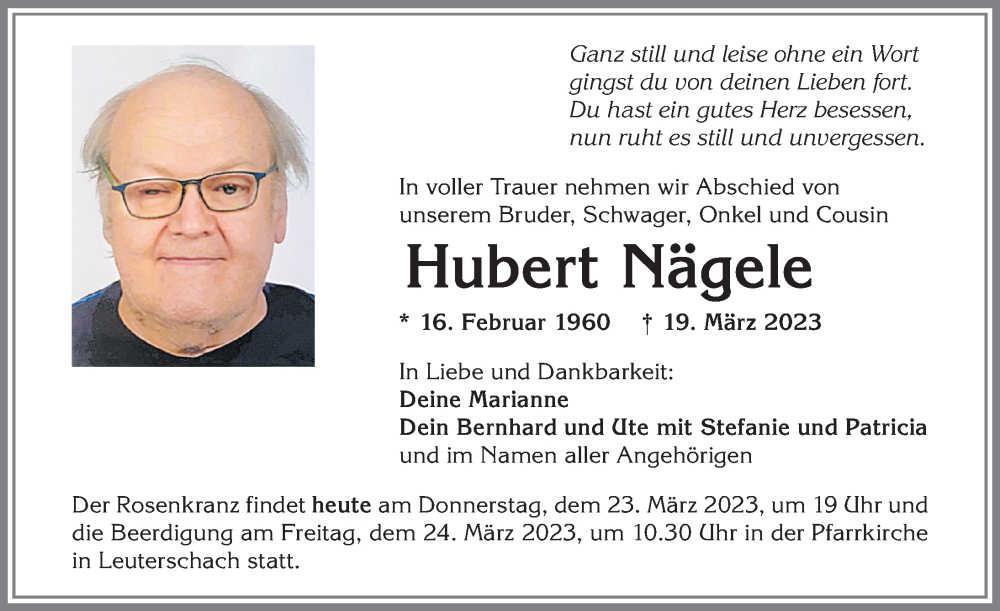  Traueranzeige für Hubert Nägele vom 23.03.2023 aus Allgäuer Zeitung, Marktoberdorf