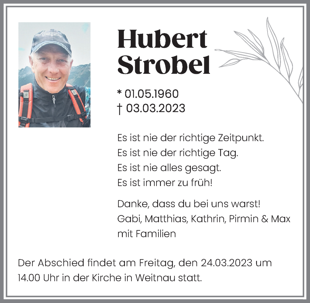  Traueranzeige für Hubert Strobel vom 21.03.2023 aus Allgäuer Zeitung,Kempten