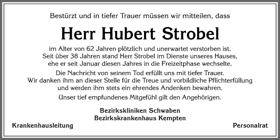 Traueranzeige von Hubert Strobel von Allgäuer Zeitung,Kempten