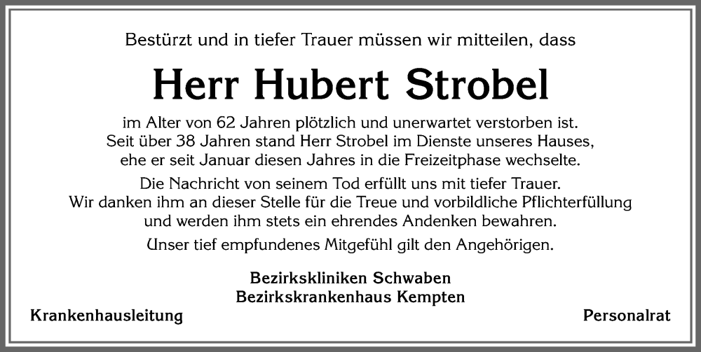  Traueranzeige für Hubert Strobel vom 21.03.2023 aus Allgäuer Zeitung,Kempten