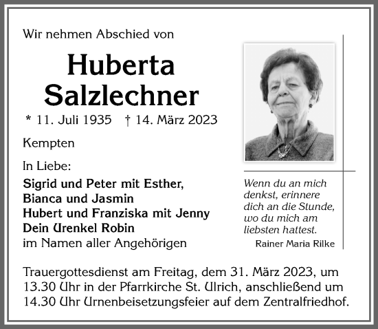 Traueranzeige von Huberta Salzlechner von Allgäuer Zeitung,Kempten