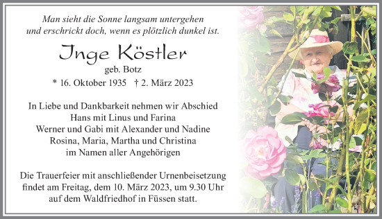 Traueranzeige von Inge Köstler von Allgäuer Zeitung, Füssen