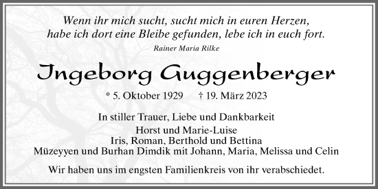 Traueranzeige von Ingeborg Guggenberger von Allgäuer Zeitung, Füssen