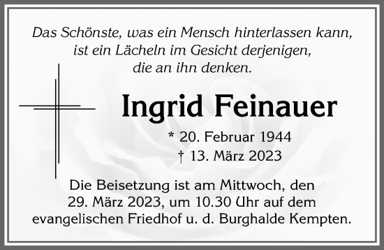 Traueranzeige von Ingrid Feinauer von Allgäuer Zeitung,Kempten