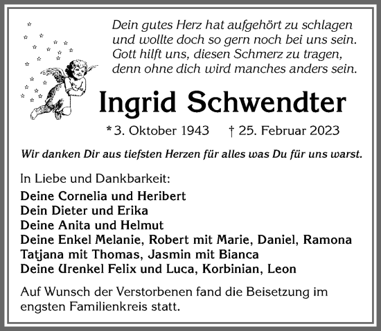 Traueranzeige von Ingrid Schwendter von Allgäuer Zeitung, Marktoberdorf