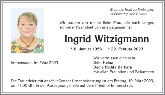 Traueranzeige von Ingrid Witzigmann von Allgäuer Anzeigeblatt