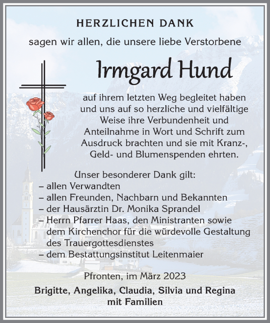 Traueranzeige von Irmgard Hund von Allgäuer Zeitung, Füssen