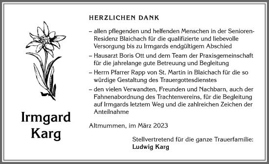 Traueranzeige von Irmgard Karg von Allgäuer Anzeigeblatt