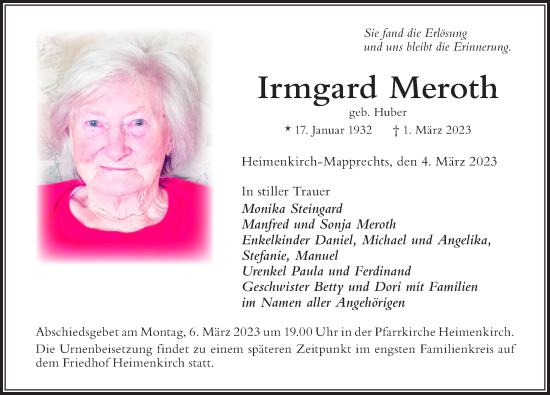 Traueranzeige von Irmgard Meroth von Der Westallgäuer