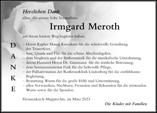 Traueranzeige von Irmgard Meroth von Der Westallgäuer