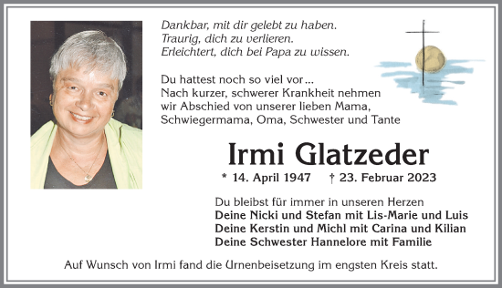 Traueranzeige von Irmi Glatzeder von Allgäuer Anzeigeblatt
