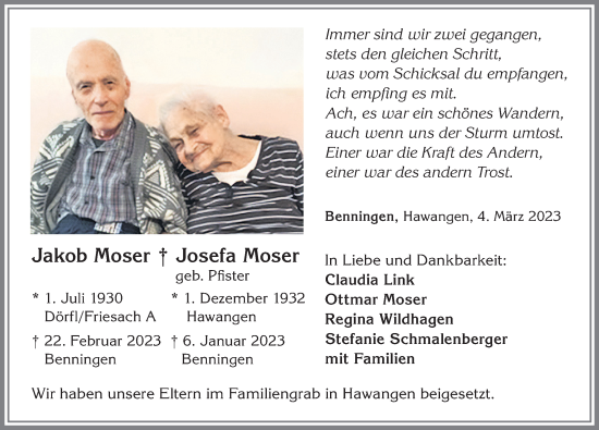 Traueranzeige von Jakob und Josefa Moser von Memminger Zeitung