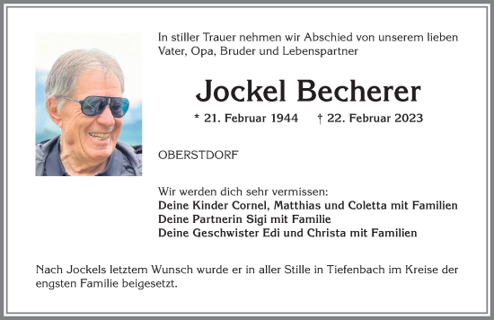 Traueranzeige von Jockel Becherer von Allgäuer Anzeigeblatt