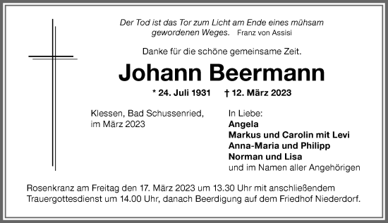 Traueranzeige von Johann Beermann von Memminger Zeitung