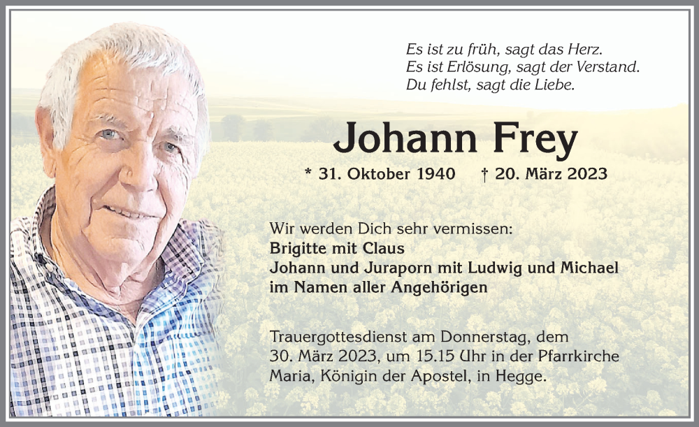  Traueranzeige für Johann Frey vom 25.03.2023 aus Allgäuer Zeitung,Kempten