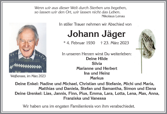 Traueranzeige von Johann Jäger von Allgäuer Zeitung, Füssen
