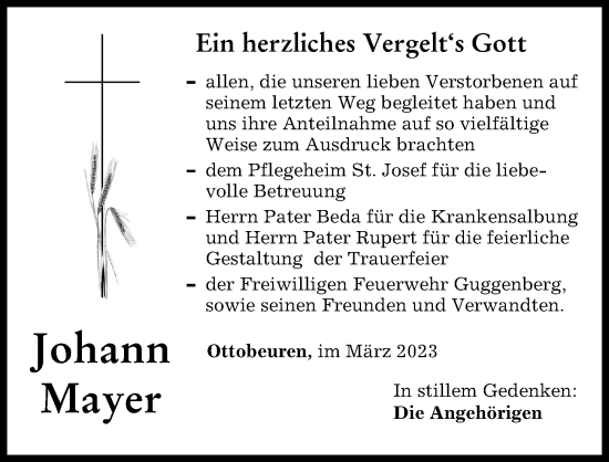 Traueranzeige von Johann Mayer von Memminger Zeitung