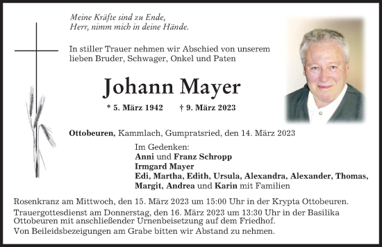 Traueranzeige von Johann Mayer von Memminger Zeitung
