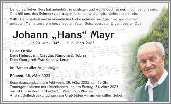 Traueranzeige von Johann Mayr von Allgäuer Zeitung, Kaufbeuren/Buchloe