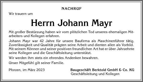 Traueranzeige von Johann Mayr von Allgäuer Zeitung, Kaufbeuren/Buchloe