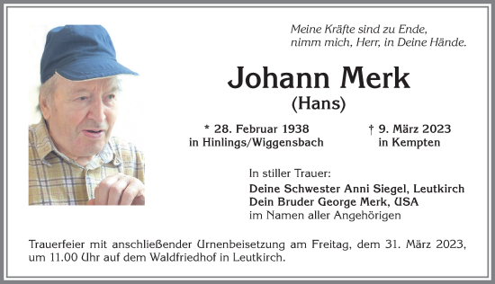 Traueranzeige von Johann Merk von Allgäuer Zeitung,Kempten