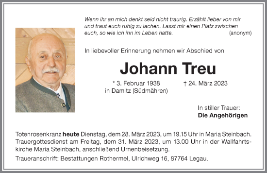 Traueranzeige von Johann Treu von Memminger Zeitung