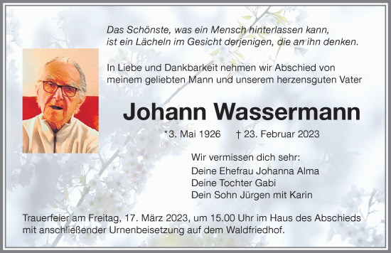 Traueranzeige von Johann Wassermann von Memminger Zeitung