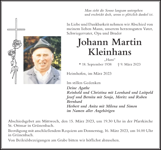 Traueranzeige von Johann Martin Kleinhans von Der Westallgäuer