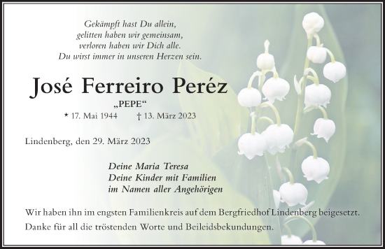Traueranzeige von Jose Ferreiro Perez von Der Westallgäuer