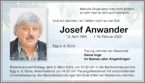 Traueranzeige von Josef Anwander von Illertisser Zeitung, Augsburger Allgemeine