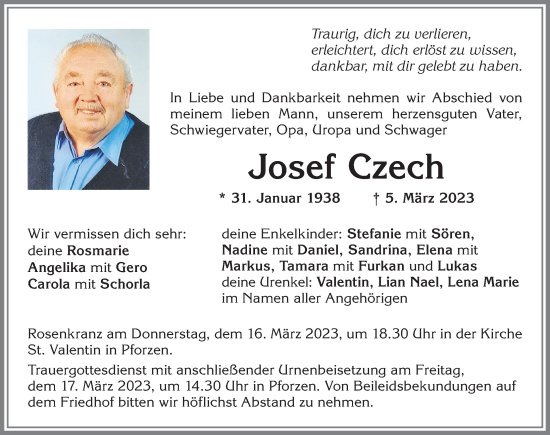 Traueranzeige von Josef Czech von Allgäuer Zeitung, Kaufbeuren/Buchloe