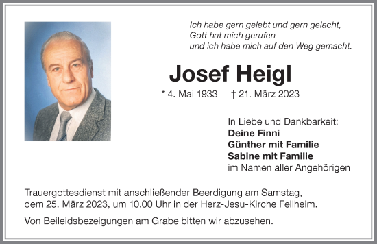 Traueranzeige von Josef Heigl von Memminger Zeitung