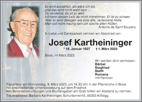 Traueranzeige von Josef Kartheininger von Memminger Zeitung