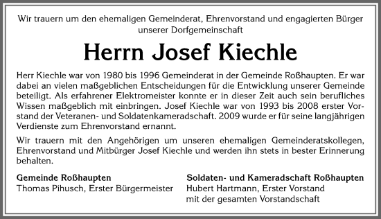 Traueranzeige von Josef Kiechle von Allgäuer Zeitung, Füssen